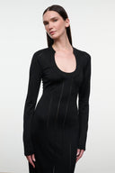 Black fitted midi sheath dress with long sleeves and scoop neckline