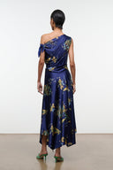 Back view: navy silk midi dress with tied shoulder and gold floral tapestry print