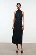 Black sleeveless midi dress with high neckline and vertical button placket
