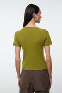 Cashmere crew-neck tee in pear green, short sleeves, back view