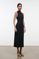 Black sleeveless midi dress with high neck and center button-front placket