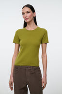 Cashmere crew-neck tee in pear green with short sleeves, front view