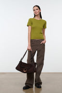 Espresso brown suede messenger bag with flap closure and crossbody strap.