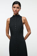 Black sleeveless high-neck dress with center button placket