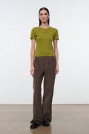 Cashmere crew-neck tee in pear green, short sleeves, full-length view