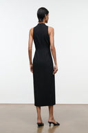 Black sleeveless midi dress with solid back and high neckline