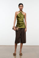 Olive green silk halter top with draped knot at neckline