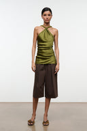 Olive green silk halter top with ruched front and gathered side seams