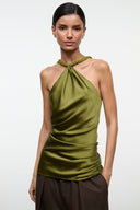 Olive green silk halter top with bow-tie neckline and gathered drape front