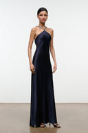 Navy satin halter maxi dress front view with beaded neckline and long skirt