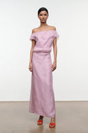 Dusty pink off-shoulder maxi dress with draped neckline and cap sleeves