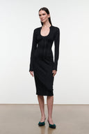Black fitted midi sheath dress, long sleeves, scoop neckline, front view