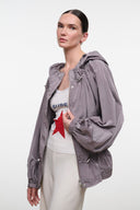 Zinc gray hooded jacket with front zip and drawstring hood