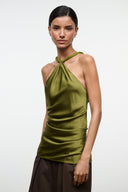 Olive green silk halter top with knot neckline and ruched waist