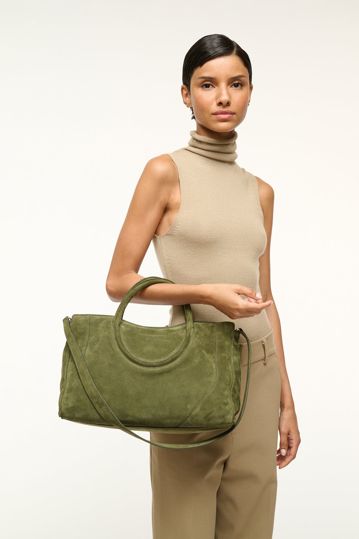 Image MAUDE SATCHEL | AVOCADO SUEDE 2 of 7 and Clicking this image will trigger a zoom pop-up