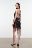 SEPHIE skirt: short asymmetrical mini with sheer drape, butterfly print in teal and orange.