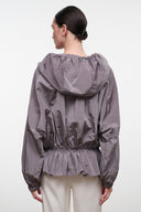 Zinc gray hooded jacket, back view, gathered shoulders and elastic hem