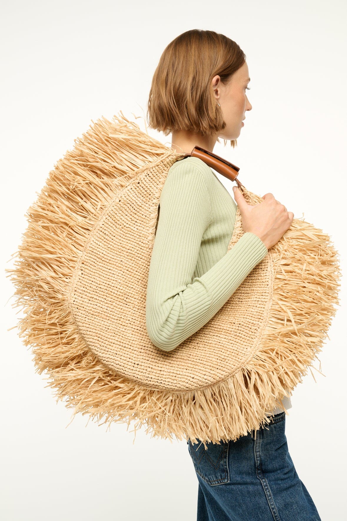 Image LARGE RAFFIA MOON TOTE BAG | NATURAL FRINGE 6 of 7 and Clicking this image will trigger a zoom pop-up