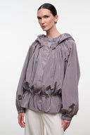 Zinc gray hooded jacket with front zipper and ruched elastic hem
