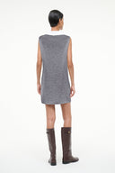Back view of grey sleeveless mini dress with V-shaped back neckline