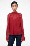 Pomegranate red sheer blouse with ruffled high neck and long flared sleeves