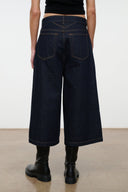 Hunter indigo denim culotte jeans, wide leg, back view with patch pockets and yoke