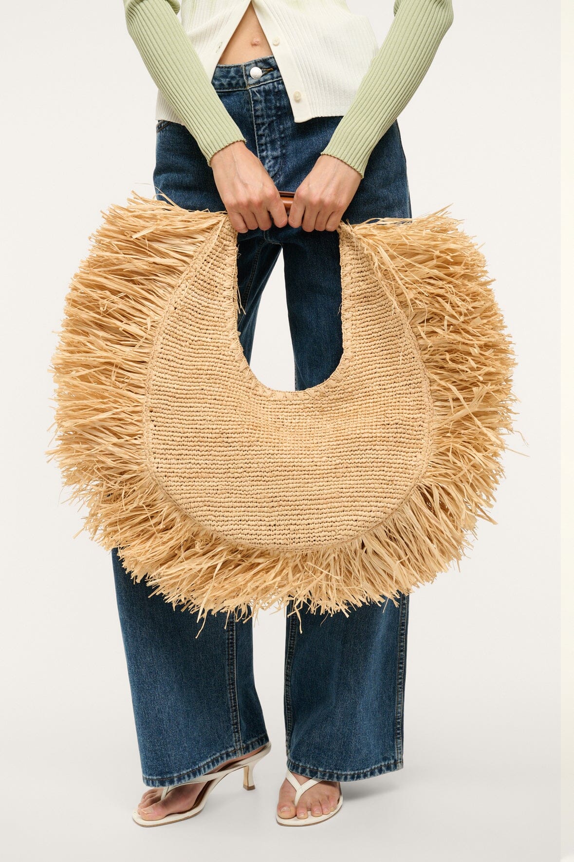 Image LARGE RAFFIA MOON TOTE BAG | NATURAL FRINGE 4 of 6 and Clicking this image will trigger a zoom pop-up