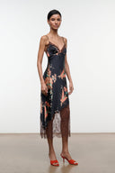 Black silk dress with floral tapestry print and lace hem, spaghetti straps, midi length