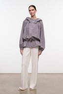 Zinc gray zip-up hooded jacket with gathered waist and full sleeves