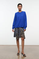 Silk skirt in navy with multicolor dot print, flared layered hem