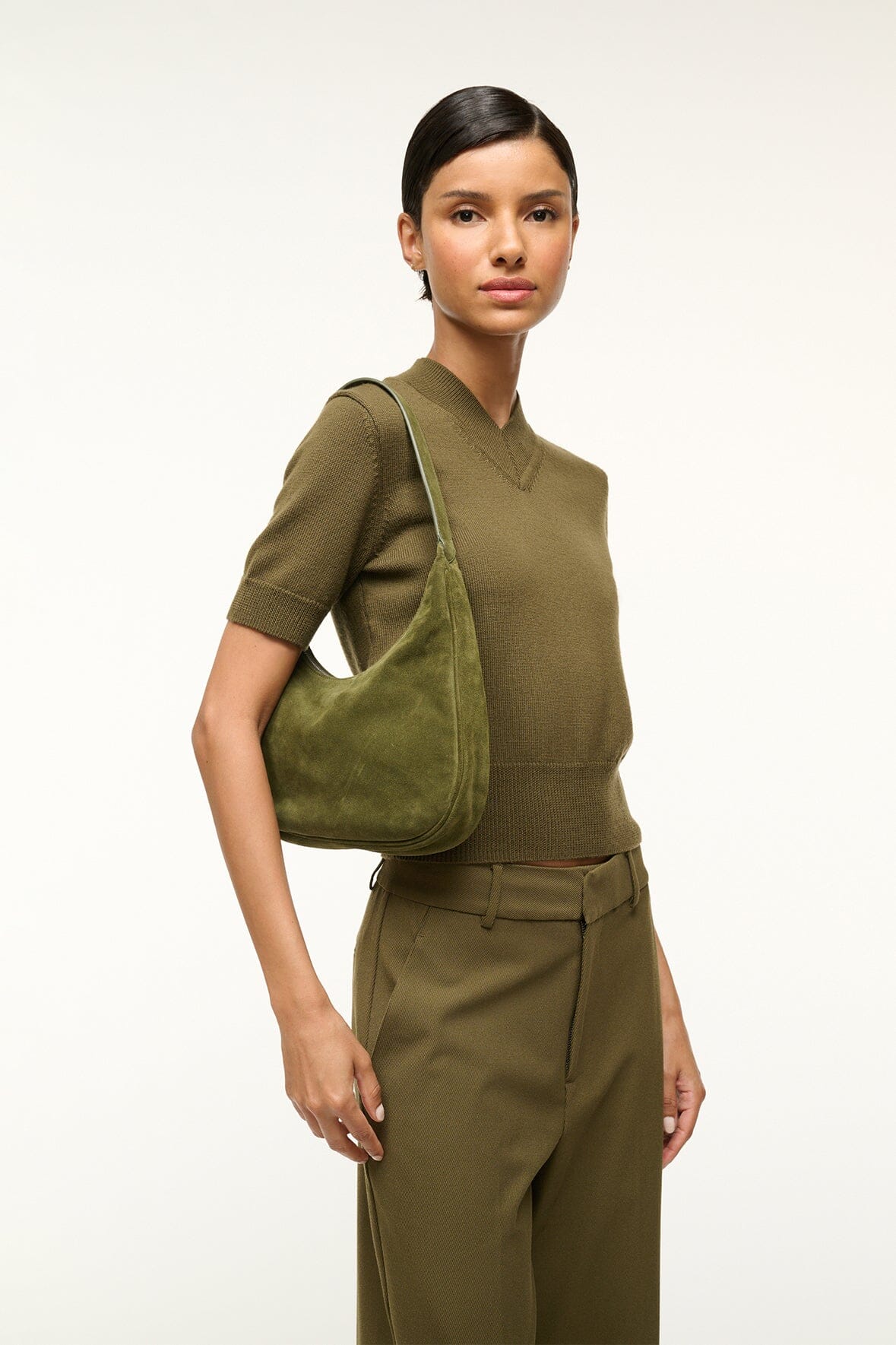 Image SYLVIE SHOULDER BAG | AVOCADO SUEDE 2 of 6 and Clicking this image will trigger a zoom pop-up