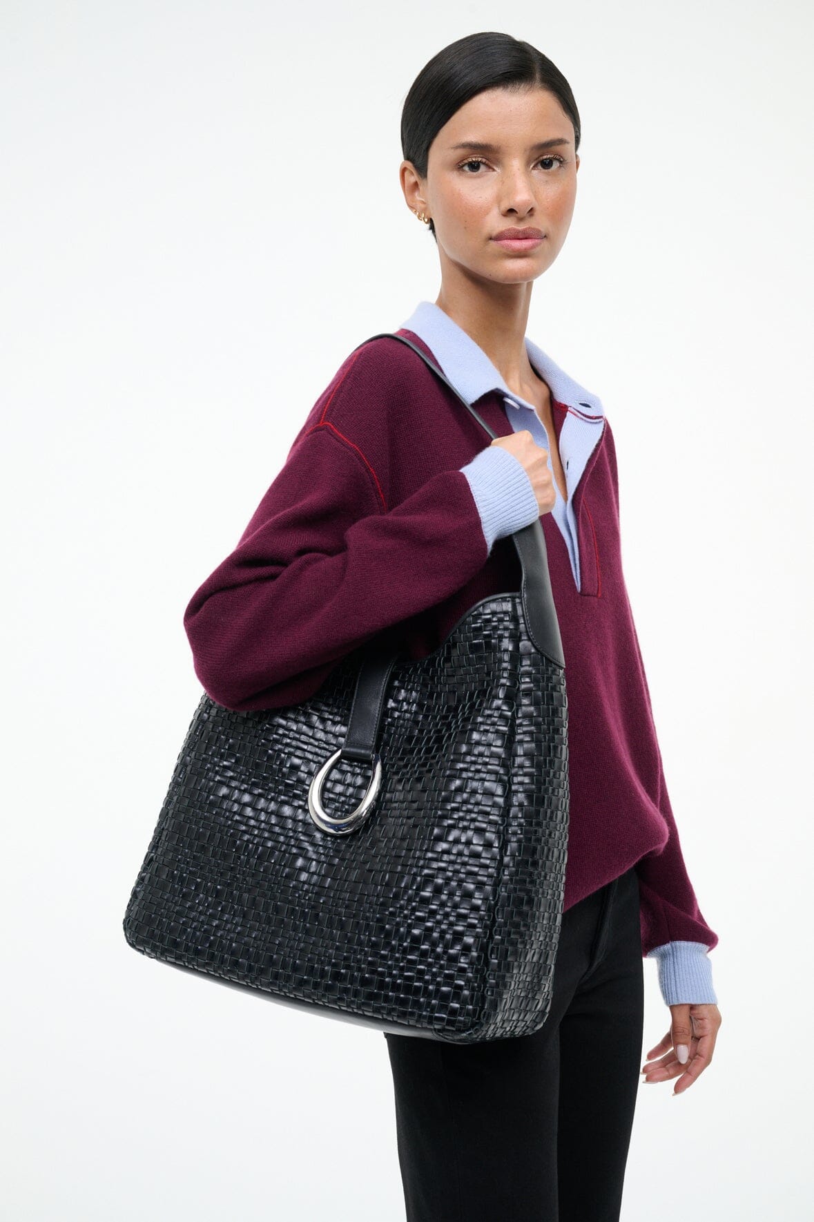 STAUD MAYA HOBO BAG BLACK WOVEN