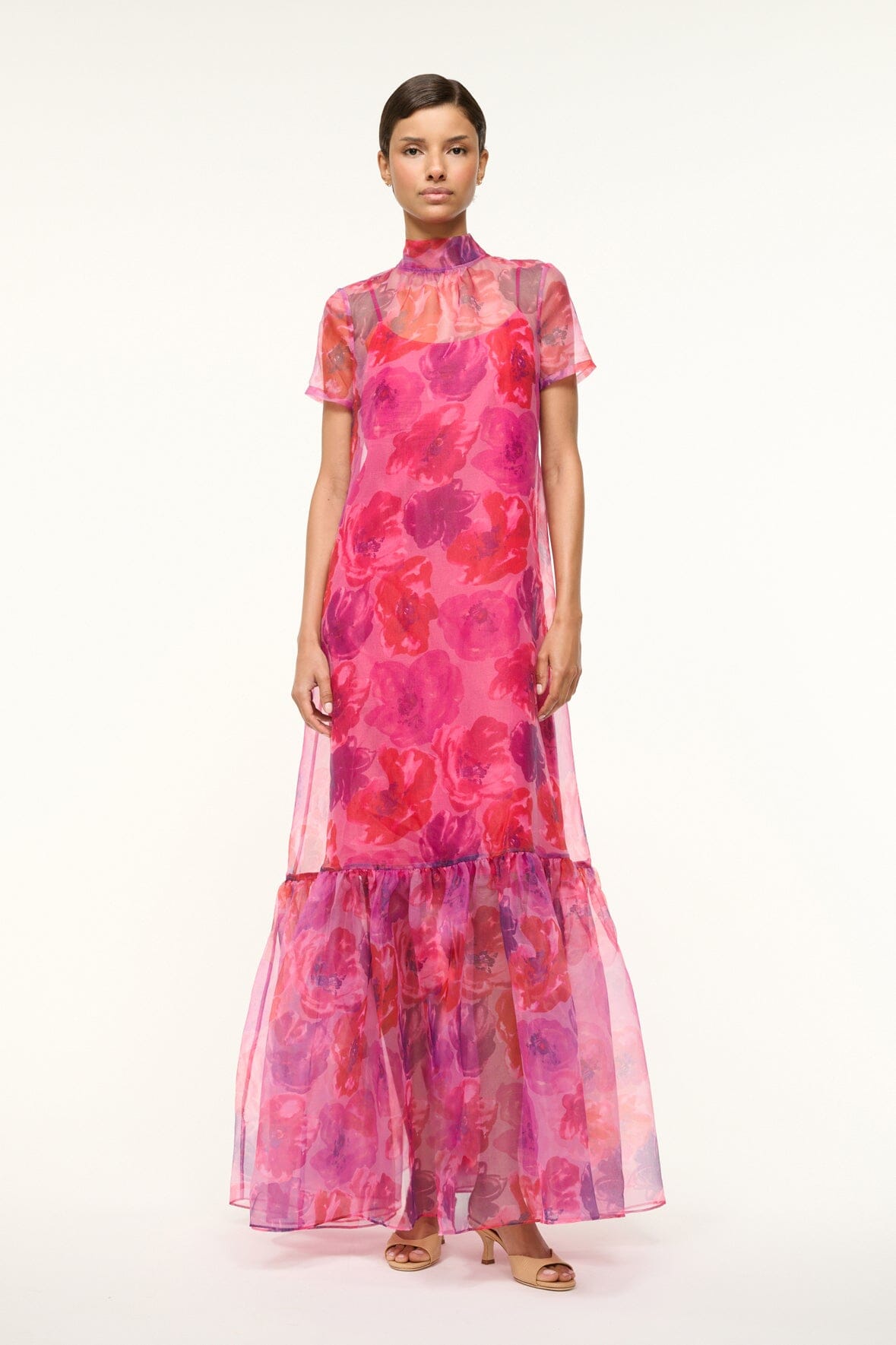 STAUD CALLUNA DRESS MAGENTA PAINTED FLORAL