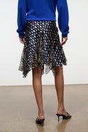 Silk skirt with navy multicolor dot pattern and layered ruffle hem, knee-length