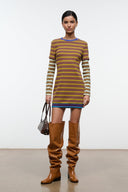 Cashew brown distressed over-the-knee boots, pull-on style with black block heel