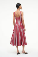 Burgundy striped midi dress with racer back and pleated skirt