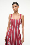 Burgundy sleeveless striped midi dress with square neckline and fitted bodice