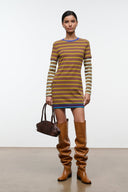 Striped knit mini dress with crew neck, long sleeves, multicolor banded trim at hem