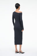 Dark knit sweater dress, long sleeves, midi length, back view