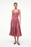 Burgundy striped midi dress with square neckline and pleated skirt