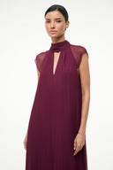 CAMILLA maxi dress in dark plum, sleeveless with draped cowl neck and front keyhole