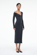Dark knit sweater dress with V neckline, long sleeves, button placket