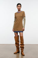 Striped knit mini dress with crew neck and long sleeves, multicolor horizontal stripe bands