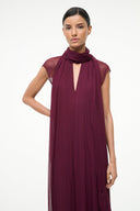 CAMILLA maxi dress, dark plum with sleeveless cutout at front and draped neck scarf
