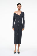 Dark knit midi sweater dress, long sleeves, V-neck with centered buttons