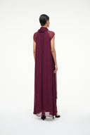 CAMILLA maxi dress dark plum, back view with draped cowl neck and relaxed maxi silhouette