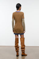 Back view of striped knit mini dress with crew neck, long sleeves, straight hem