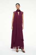 CAMILLA maxi dress in dark plum with sleeveless draped high neck and flowing ankle hem