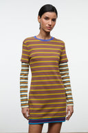 Striped knit mini dress with crew neck and long sleeves, multicolor horizontal stripes