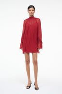 Pomegranate red high-neck chiffon mini dress with long sheer sleeves and ruffled cuffs